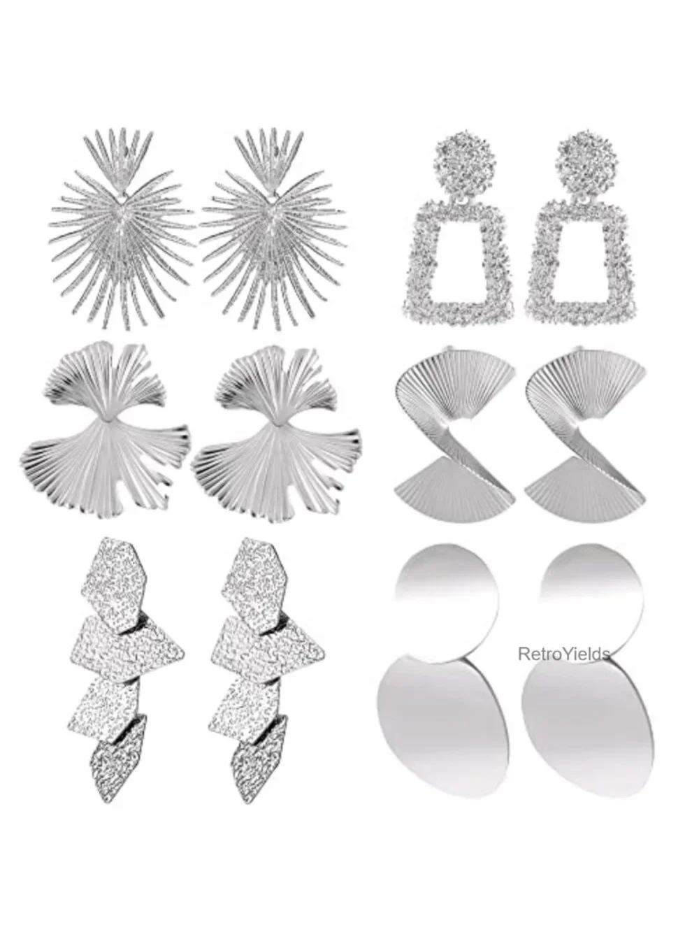 6 Pairs Large Silver Geometric Drop Earrings Set Hypoallergenic for Women
